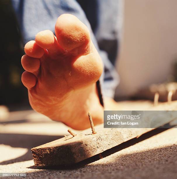 man stepping on wooden plank with rusty nails, low section - pointed foot stock pictures, royalty-free photos & images