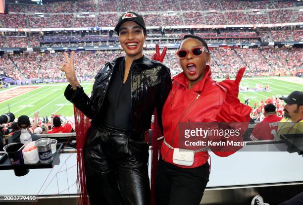 Aitana Rinab Perez and Janelle Monáe attend the Super Bowl LVIII Pregame at Allegiant Stadium on February 11, 2024 in Las Vegas, Nevada.