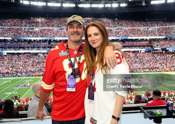 Jon Hamm and Anna Osceola attend the Super Bowl LVIII Pregame at Allegiant Stadium on February 11, 2024 in Las Vegas, Nevada.
