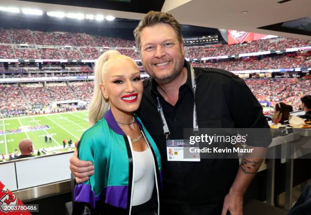 Gwen Stefani and Blake Shelton attend the Super Bowl LVIII Pregame at Allegiant Stadium on February 11, 2024 in Las Vegas, Nevada.