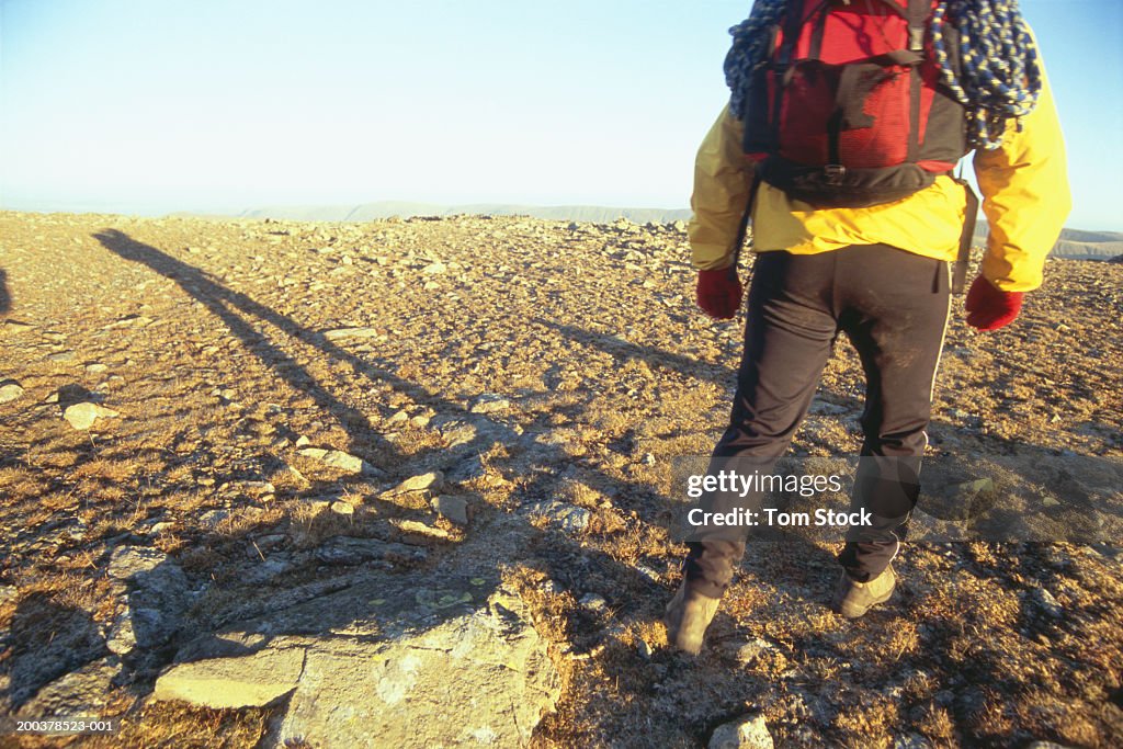 Man hiking on plateau, low section, rear view