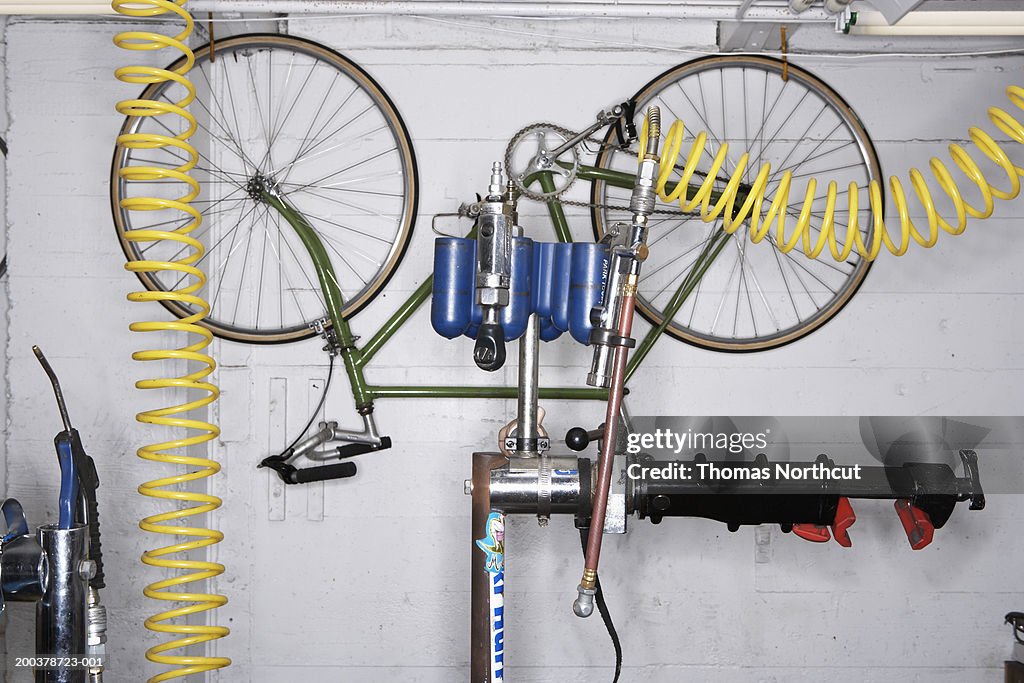 Bicycle under repair in bicycle repair shop