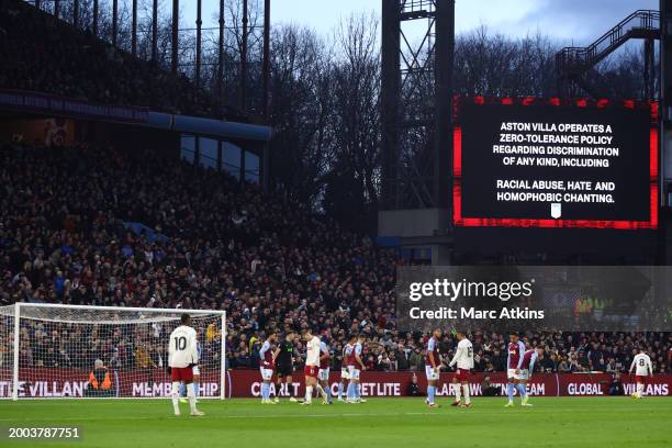 Message shown on the big screen warning fans against using racial, hate and homophobic chanting during the Premier League match between Aston Villa...