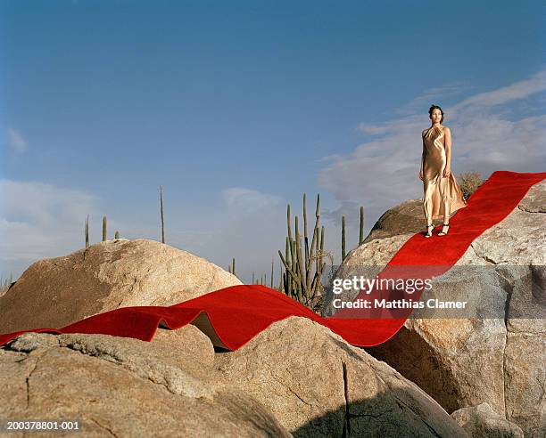 young woman standing on red carpet laid on rocks, looking to side - long stock pictures, royalty-free photos & images