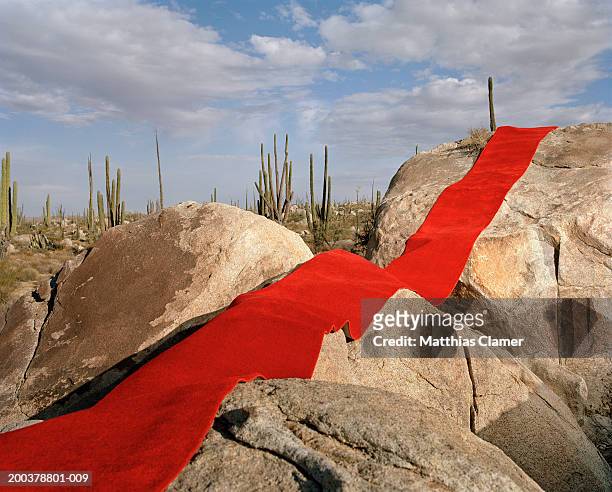 red carpet laid over rocks - red carpet event stock pictures, royalty-free photos & images