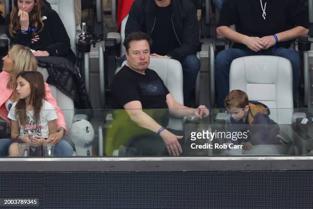 Of Tesla Elon Musk looks on in the first half during Super Bowl LVIII between the San Francisco 49ers and Kansas City Chiefs at Allegiant Stadium on...