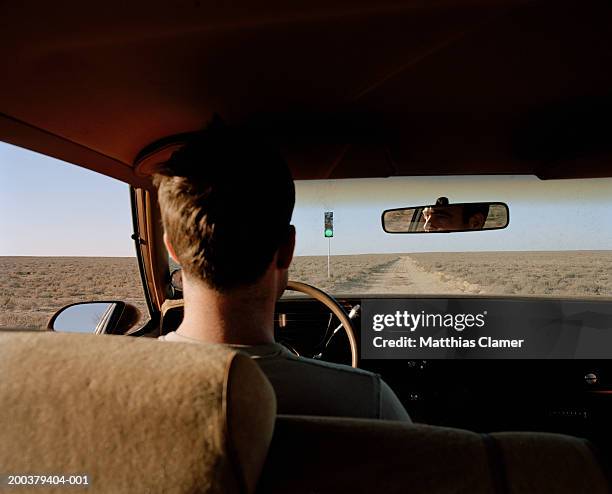 man driving past traffic light on desert road, rear view, close-up - car back view bildbanksfoton och bilder