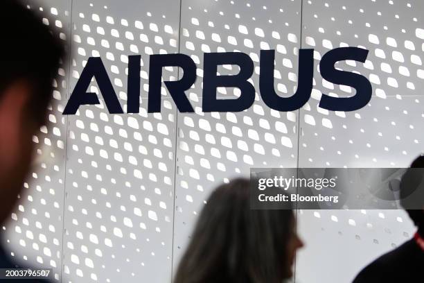Logo at the Airbus SE delivery center at Toulouse-Blagnac Airport in Toulouse, France, on Wednesday, Feb. 14, 2024. Airbus said it plans to hand over...