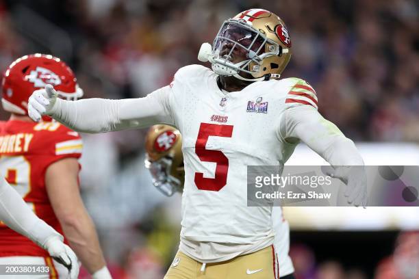 Randy Gregory of the San Francisco 49ers reacts in the first quarter against the Kansas City Chiefs during Super Bowl LVIII at Allegiant Stadium on...