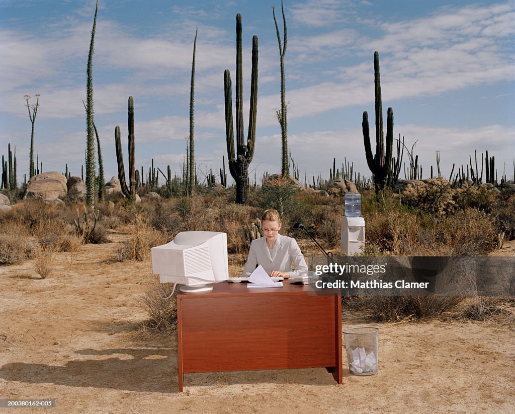 Businesswoman typing at desk in desert