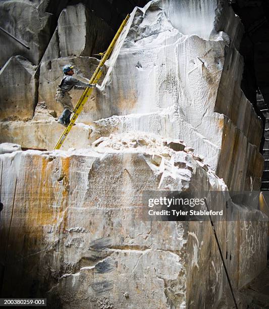 mining worker climbing ladder in quarry, side view - quarry work stock pictures, royalty-free photos & images