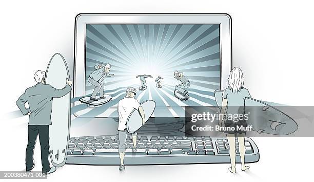 surfers watching surfers surfing in giant computer screen - man behind computer stock illustrations