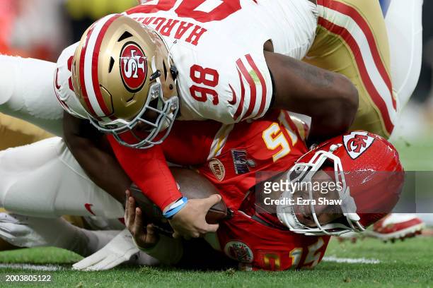 Javon Hargrave of the San Francisco 49ers sacks Patrick Mahomes of the Kansas City Chiefs in the first quarter during Super Bowl LVIII at Allegiant...