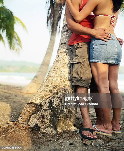 couple kissing under palm tree near beach, low section - playa carrillo stock-fotos und bilder