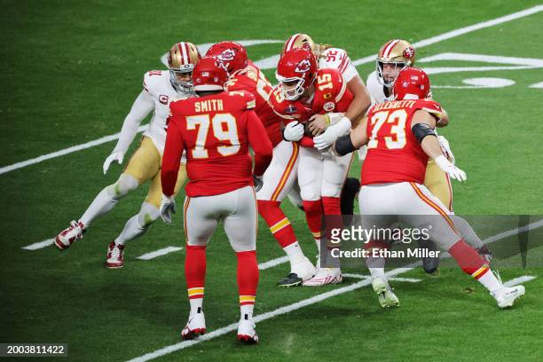 Chase Young of the San Francisco 49ers sacks Patrick Mahomes of the Kansas City Chiefs during the first quarter during Super Bowl LVIII at Allegiant...
