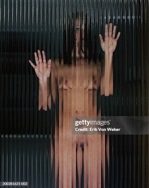 naked young woman behind opaque glass - pubic hair young women stock-fotos und bilder