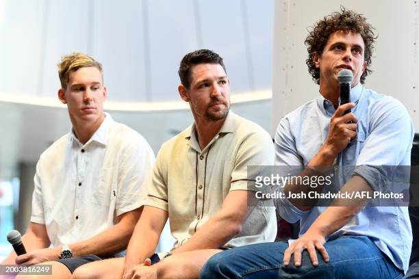 Former AFL footballer, Ed Curnow is interviewed during a Q and A session during the Super Bowl Live Site/ VIP Party at Marvel Stadium on February 12,...