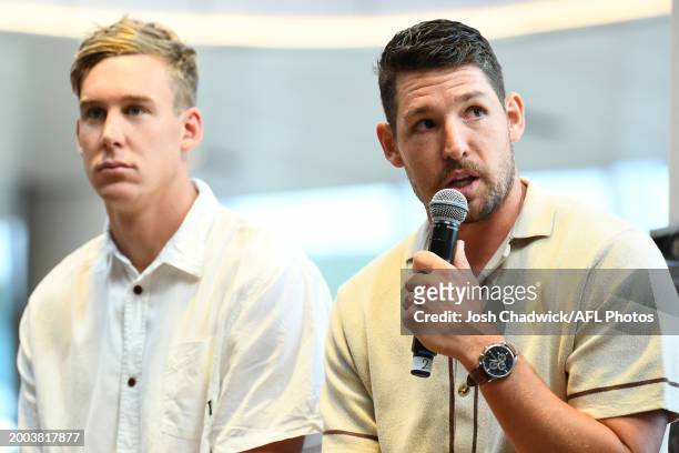 Hawthorn development coach and former NFL punter and AFL footballer, Arryn Siposs is interviewed during a Q and A session during the Super Bowl Live...