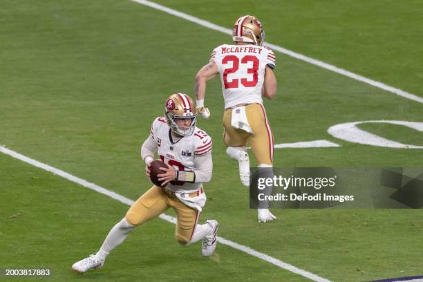 Brock Purdy of San Francisco 49ers controls the ball during the Super Bowl LVIII match between San Francisco 49ers and Kansas City Chiefs at...