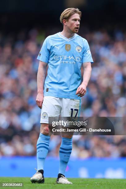 Kevin De Bruyne of Manchester City during the Premier League match between Manchester City and Everton FC at Etihad Stadium on February 10, 2024 in...