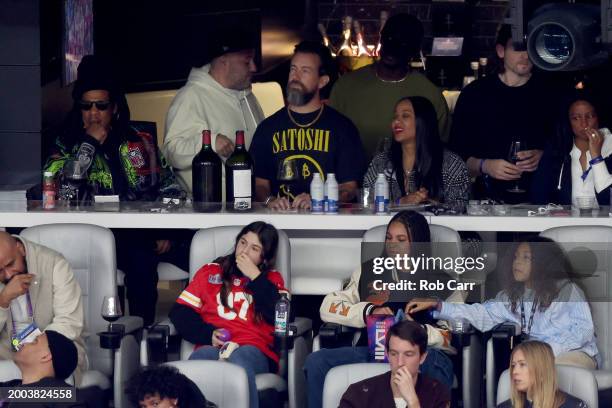 Jay Z, Blue Ivy Carter and Rumi Carter attend Super Bowl LVIII between the Kansas City Chiefs and the San Francisco 49ers at Allegiant Stadium on...