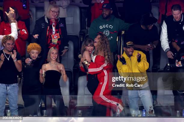 Rapper Ice Spice, Donna Kelce, singer Taylor Swift and actress Blake Lively react in the second quarter of Super Bowl LVIII between the San Francisco...