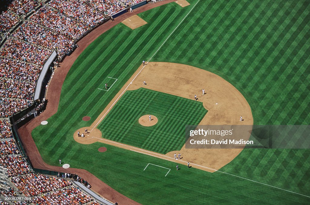 Baseball stadium during game, aerial view