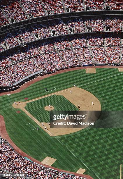 baseball stadium during game, aerial view - baseball sport stock pictures, royalty-free photos & images