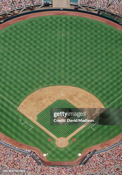 baseball stadium during game, aerial view - baseball huddle stock pictures, royalty-free photos & images