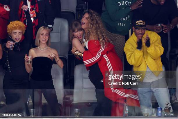 Rapper Ice Spice, Donna Kelce, singer Taylor Swift and actress Blake Lively react in the second quarter of Super Bowl LVIII between the San Francisco...
