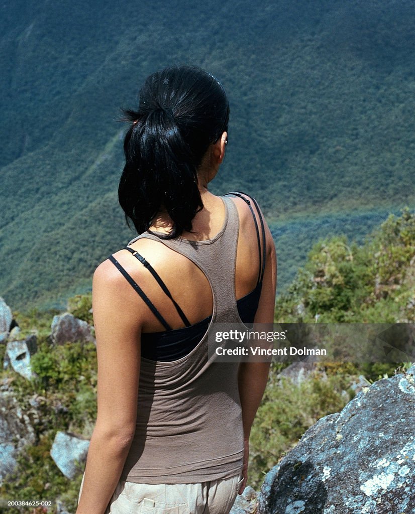 Woman standing in mountainous landscape, rear view