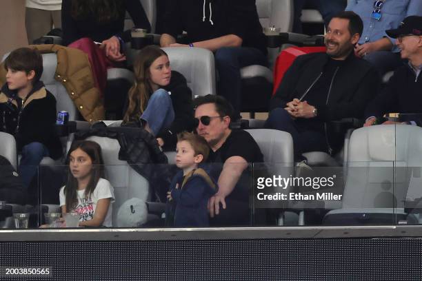 Of Tesla Elon Musk looks on in the first half during Super Bowl LVIII between the San Francisco 49ers and Kansas City Chiefs at Allegiant Stadium on...