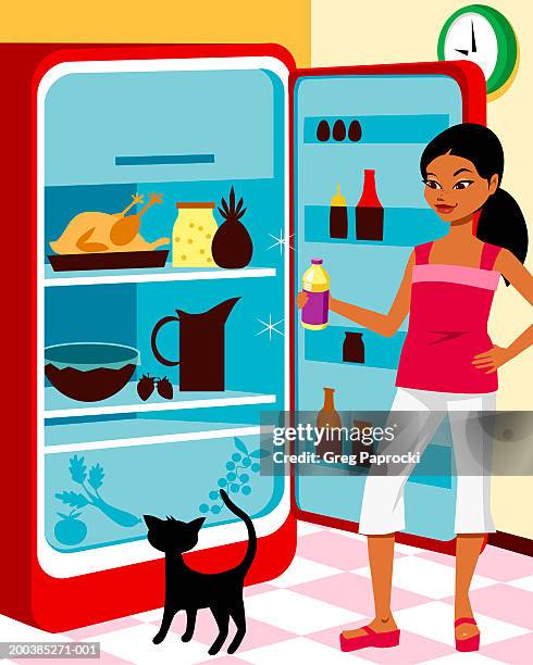 woman and cat looking inside refrigerator - refrigerator stock illustrations