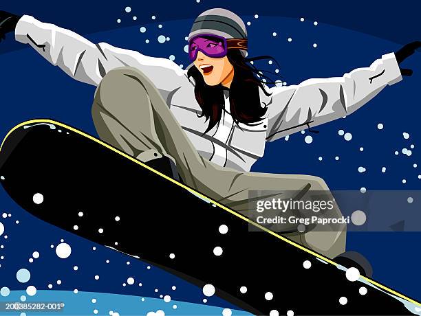 young woman snowboarding, arms outstretched, smiling - snowboard jump close up stock illustrations