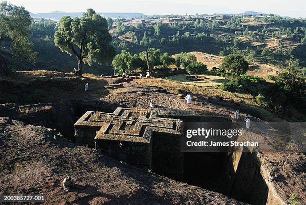 ethiopia, lalibela, rock hewn church and landscape - rock hewn stock pictures, royalty-free photos & images