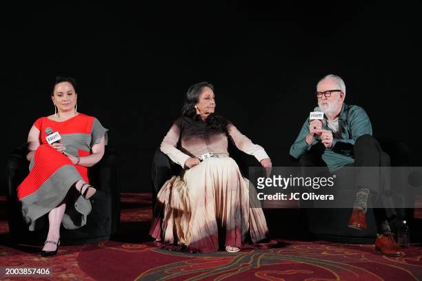 Actors Lily Gladstone, Tantoo Cardinal, and John Lithgow, seen onstage during Variety Artisans Screening Series presentation of "Killers Of The...
