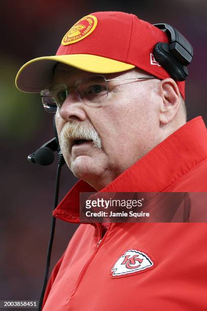 Head coach Andy Reid of the Kansas City Chiefs looks on in the first half against the San Francisco 49ers during Super Bowl LVIII at Allegiant...