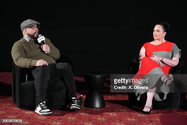 Variety's Senior Awards Editor, Clayton Davis, and Lily Gladstone seen onstage during Variety Artisans Screening Series presentation of "Killers Of...