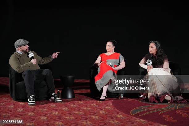 Variety's Senior Awards Editor, Clayton Davis, actors Lily Gladstone, and Tantoo Cardinal, seen onstage during Variety Artisans Screening Series...