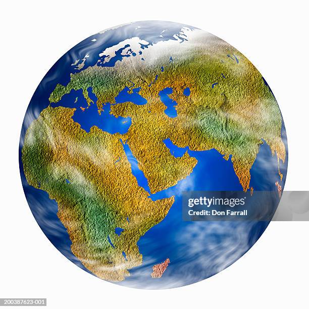 globe with focus on middle east (digital composite) - globe navigational equipment stock illustrations