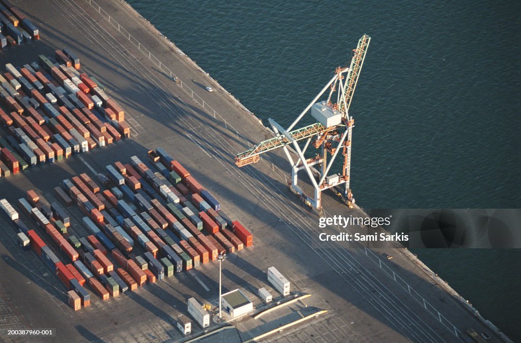 France, Marseille, freight container yard at port, aerial view