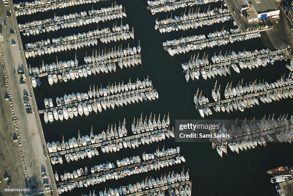 France, Marseille, la Pointe Rouge port, moored sailboats, aerial view