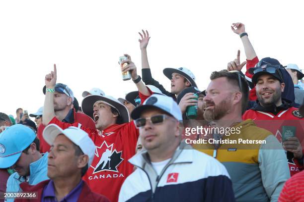 Fans of Nick Taylor of Canada are seen on the 18th hole during the final round of the WM Phoenix Open at TPC Scottsdale on February 11, 2024 in...