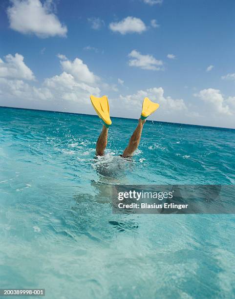 man wearing fins, upside down in sea, low section - ダイビング用のフィン ストックフォトと画像