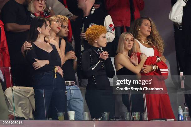 Singer Taylor Swift and Actress Blake Lively react in the second quarter of Super Bowl LVIII between the San Francisco 49ers and Kansas City Chiefs...