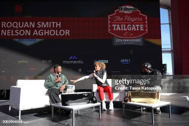 Roquan Smith, Sage Steele, and Nelson Agholor speak onstage during The Players Tailgate hosted by Bobby Flay presented by Bullseye Event Group for...
