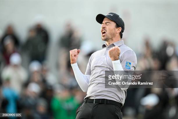Nick Taylor of Canada celebrates making his putt to win on the second-playoff hole against Charley Hoffman of the United States during the final...