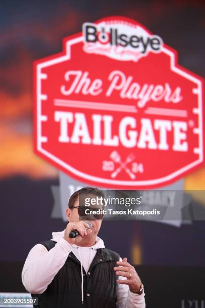Kyle Kinnett speaks onstage during The Players Tailgate hosted by Bobby Flay presented by Bullseye Event Group for Super 58 on February 11, 2024 in...