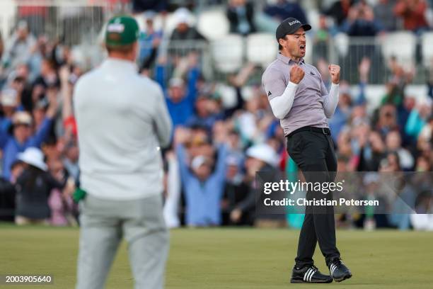 Nick Taylor of Canada celebrates making his putt to win on the second-playoff hole against Charley Hoffman of the United States during the final...