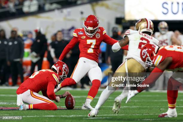 Harrison Butker of the Kansas City Chiefs kicks a 28 yard field goal during the second quarter against the San Francisco 49ers during Super Bowl...